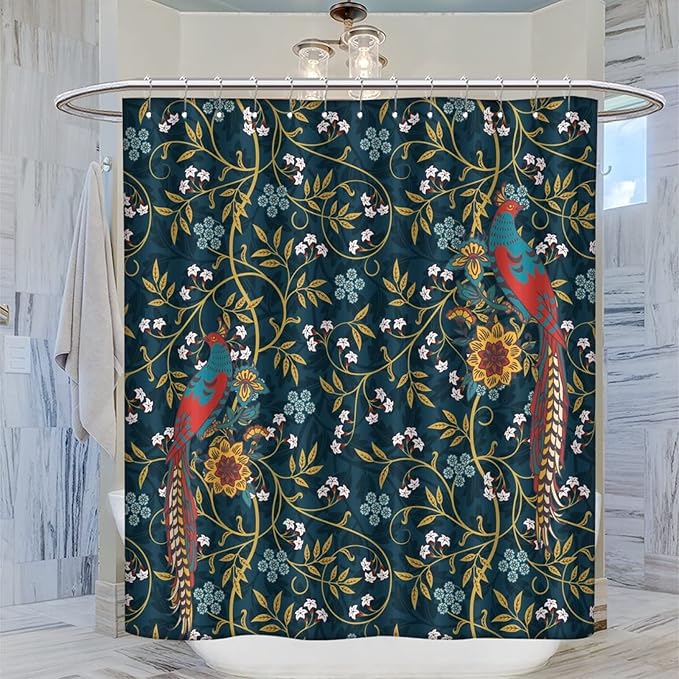 Rustic William Morris Art Print Fabric Shower Curtain,Vintage Mid Century Boho Floral Bird Hotel Quality,Machine Washable,72L x72W for Bathroom.