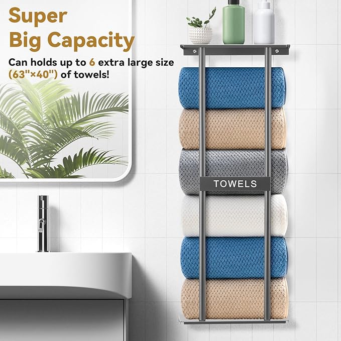 Vertical Towel Rack Wall Mounted - Metal Rolled Towel Holder, 31 Inch Black Space Saving Bathroom Storage Shelf for Shower, Toilet & RV (Grey)