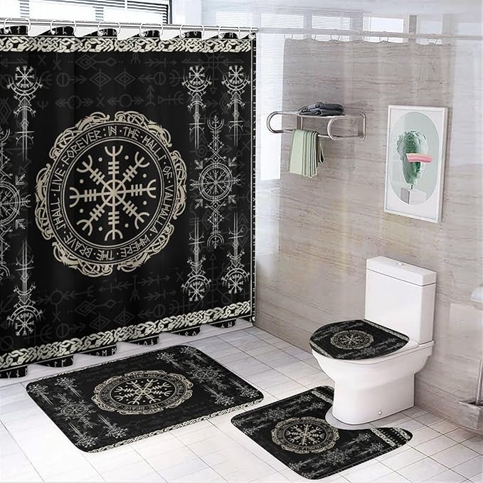 Brebasf Norse Vikings Print 4 Pcs Shower Curtain Bathroom Set Black Viking Magical Retro Compass Norse Mystical Symbol Shower Mat Shower Curtain with Rug 12 Hooks,72" W x 72" L