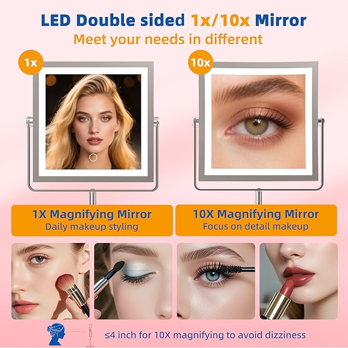 Ruacq Makeup Mirror with Lights, 4000mAh Rechargeable Magnifying Mirror with Light, 1X/10X, Height Adjustable Bathroom Vanity Mirror, 3 Colors, Adjustable Brightness (Brushed Nickel)