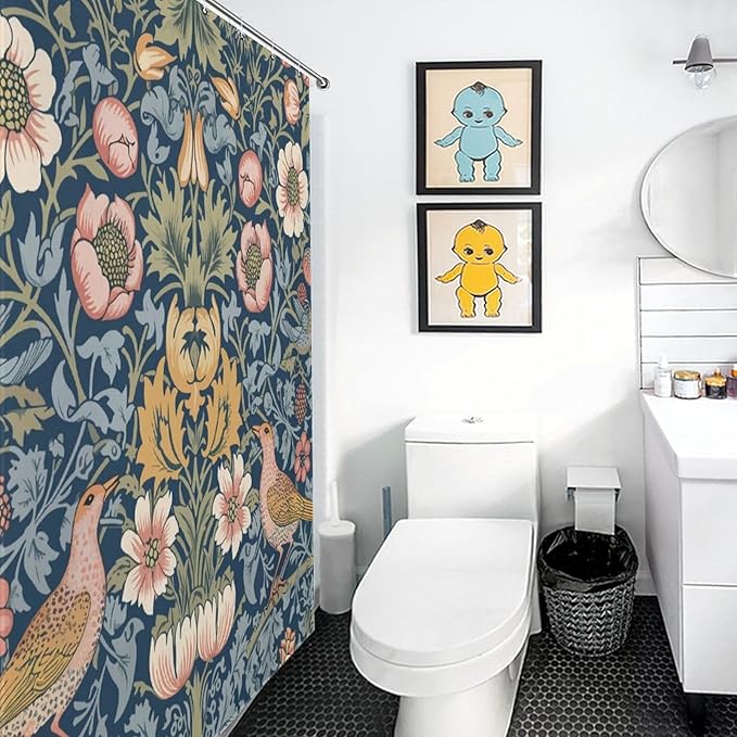 William Morris Shower Curtain,Original Design Vintage Flower Birds Elegant Animal Pattern Print Shower Curtains Sets Polyester Waterproof Fabric Decor Bathroom Curtain 72"×78" Inch With 12 Hooks