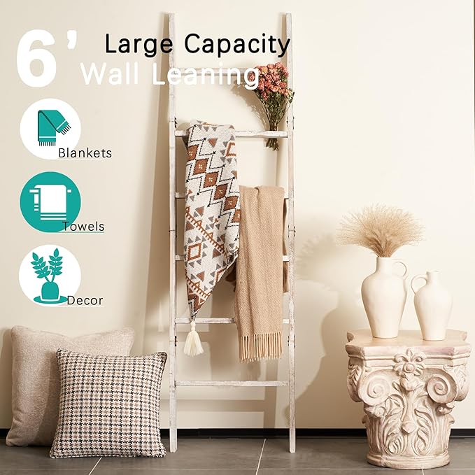 Blanket Ladder for The Living Room 6-Tier, Wooden Decorative Quilt Holder for Bed Room, Wall-Leaning Towel Rack for Bathroom，Rustic Farmhouse Ladders for Display. (White Wash)