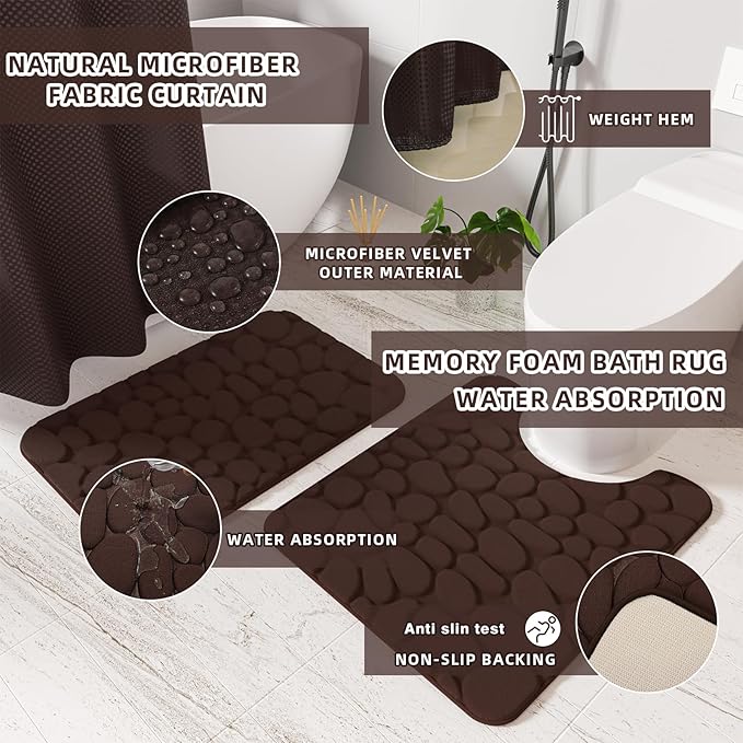 XLHOMO Bathroom Accessories Set - 25PC Brown Bathroom Sets with Shower Curtain and Rugs, Bathroom Accessory Set, Brown Shower Curtain Set, Trash Can, Qtip Holder Dispenser & Soap Dispenser