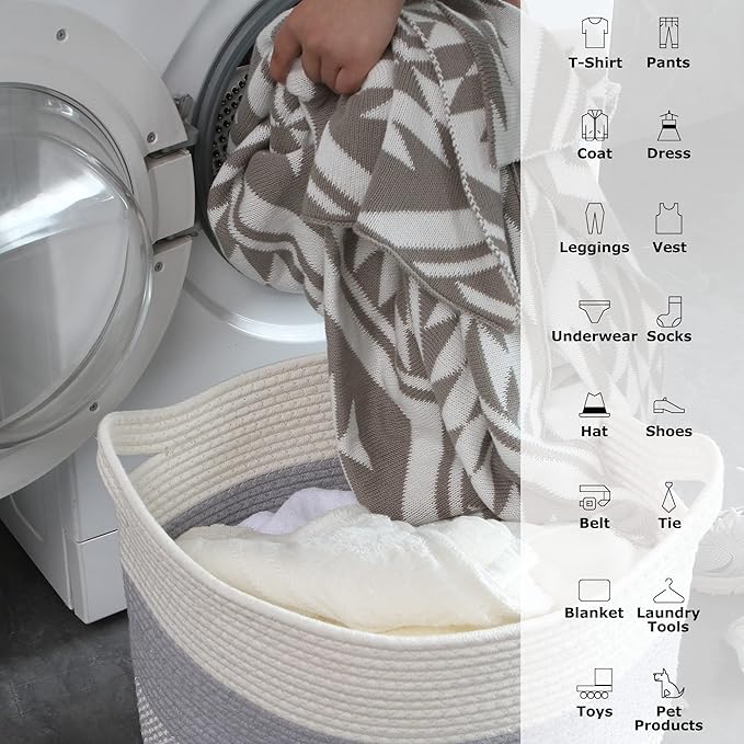 Sea Team Oval Large Cotton Rope Woven Storage Basket with Handles, Diaper Caddy, Baby Shower Basket, Nursery Nappies, Clothes Toys Organizer for Kid's Room, 16 x 13 inches, White & Mottled Navy