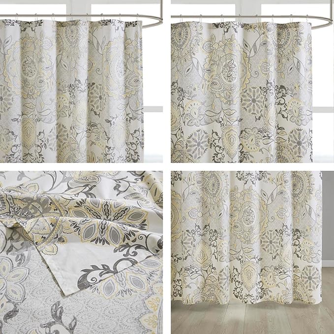 Madison Park Isla 100% Cotton Percale Shower Curtain, Floral Medallion Boho Printed Watercolor Cute Modern Home Bathroom Decor, Bathtub Privacy Screen, 72" x 72", Yellow