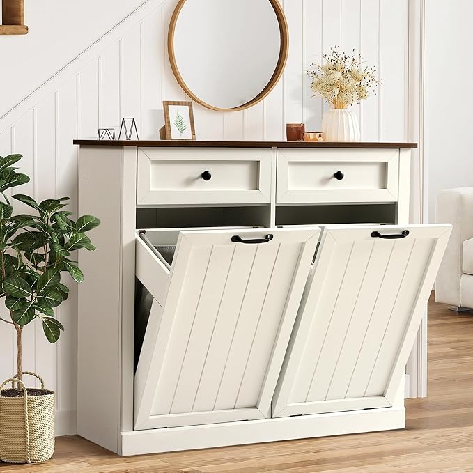 Grepatio Tilt Out Laundry Hamper Cabinet, 22 Gallon Double Hidden Laundry Hamper, Wooden Trash Can Cabinet with 2 Drawers, Farmhouse Garbage Can for Bathroom, Kitchen, Living Room (White)