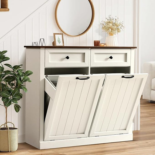Grepatio Tilt Out Laundry Hamper Cabinet, 22 Gallon Double Hidden Laundry Hamper, Wooden Trash Can Cabinet with 2 Drawers, Farmhouse Garbage Can for Bathroom, Kitchen, Living Room (White)