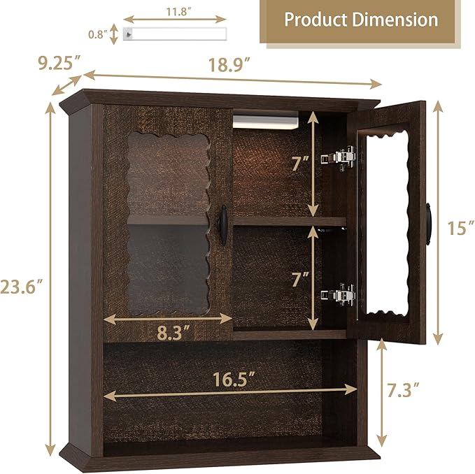CJL Bathroom Wall Cabinet with Motion Sensor Led Light, Over The Toilet Storage Cabinet, 18.9'' x 23.6'' Medicine Cabinet of Mid-Century Modern Design with Acrylic Door, Brown