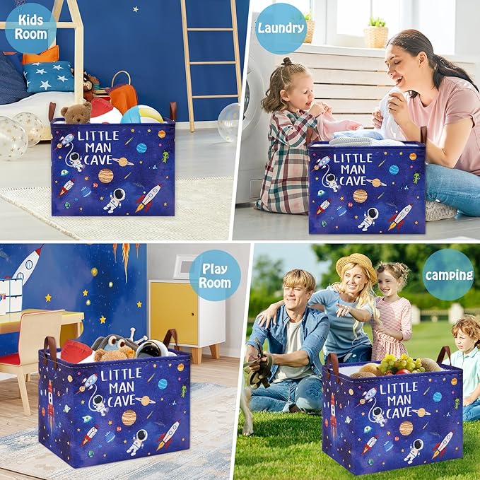 Astronaut Nursery Basket Laundry Hamper,Space Storage Basket with Inspirational Quotes, Planets Boy Room Decor Toy Box, Rectangular Rockets Clothes Book Toy Storage Bin (Blue)