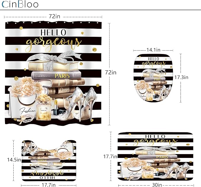 Cinbloo 4Pcs Black Yellow Shower Curtain Set, Fashion Flower Perfume Women Girl Girly Modern Bathroom Curtain with Rug, Toilet Lid Cover, Bath Mat, High Heels Magazine Shower Curtain with 12 Hooks
