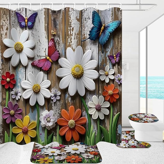 ZLQQ 4Pcs Daisy Butterfly Shower Curtain Sets with Rugs Garden Bathroom Set with Non-Slip Rugs Toilet Lid Cover and Bath Mat Vintage Shower Curtain with 12 Hooks, Durable Bathroom Decor Set