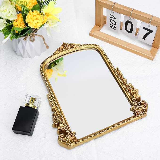 SIBAO Gold Vintage Baroque Vanity Mirror,11.8" x 9.6" Arched Tabletop Makeup Mirror with Stand and Hook,Free Standing for Bedroom,Living Room,Dresser Desktop