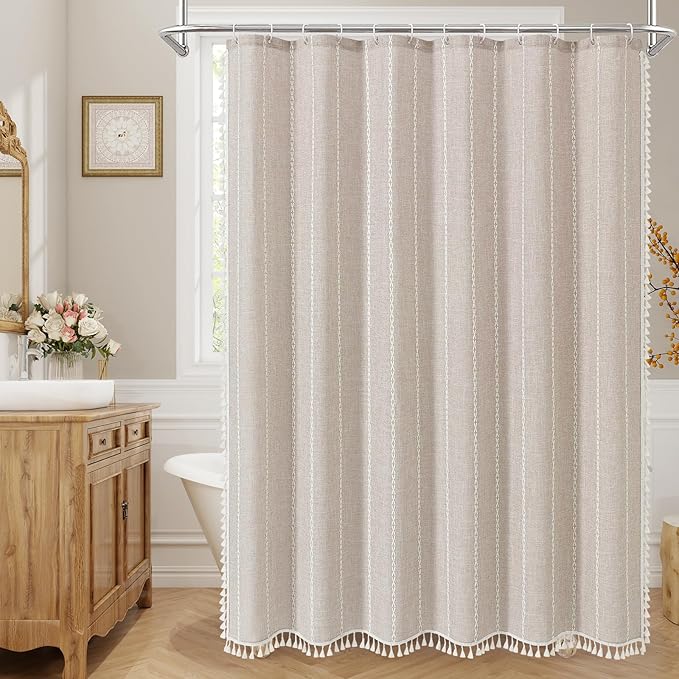 MitoVilla Boho Long Shower Curtain 72 x 78, Farmhouse 78 inch Long Polyester Linen Fabric Shower Curtains with Tassel for Chic Cottagecore French Rustic Bathroom Decor, Tan Brown