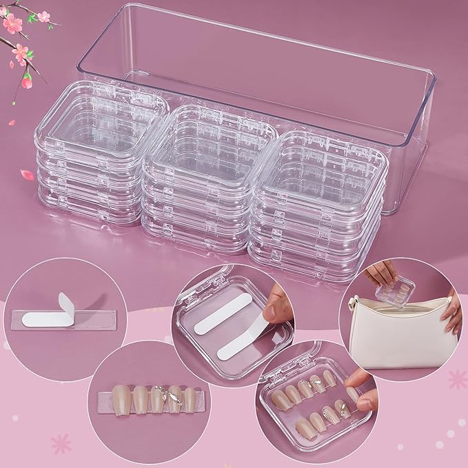 26PCS Press on Nail Storage Box with 2 Big Storage Boxes 60 Adhesive Double Sided Tape 100 Acrylic Nail Display Board Plastic Nail Display Box Fake Nail Case Clear Nail Packaging Boxes