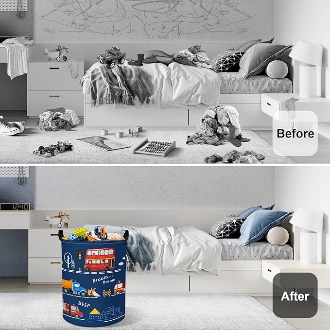 Cars Laundry Hamper Cartoon Vehicle Large Storage Basket Collapsible Parents Organizer Boy Toy Clothes Bins for Bedroom, Bathroom, City Bus, 63L