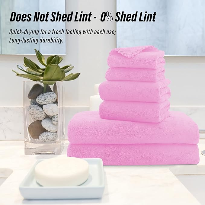 MOONQUEEN Ultra Soft Microfiber Coral Velvet Towel Set - Quick Drying - 2 Bath Towels, 2 Hand Towels, 2 Washcloths - Frozen Berry, 6 Pcs