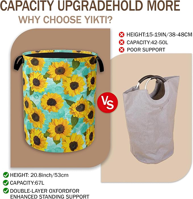 Yellow Sunflowers Laundry Hamper,Summer Floral Clothes Hamper for Laundry,Waterproof Oxford Toy Storage Collapsible Hampers for Bedroom, Dorm Room,Bathroom,16x20 Inch