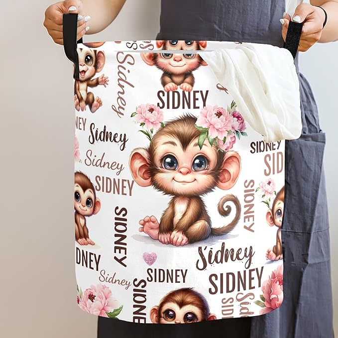 Large Custom Name Laundry Hamper, Monkey Personalized Dirty Clothes Hamper Storage Basket with Name for Bathroom Bedrooms, Customized Name Circular Hamper with Handles for Baby Boys Girls Men Women