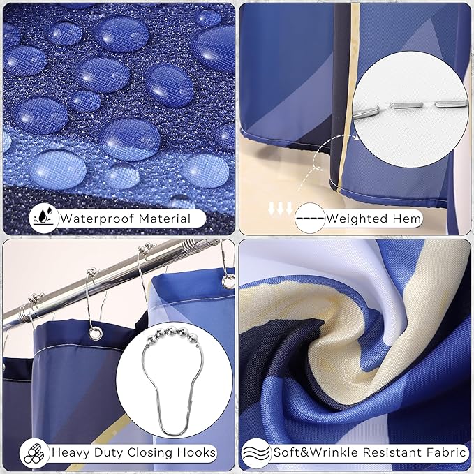 XLHOMO Blue Bathroom Set, Bathroom Sets with Stripe Shower Curtain, Navy Blue and Gold Bathroom Accessories with Trash Can, Soap Dispenser, Soap Dish, Toilet Brush Holder, Qtip Holders for Bathroom