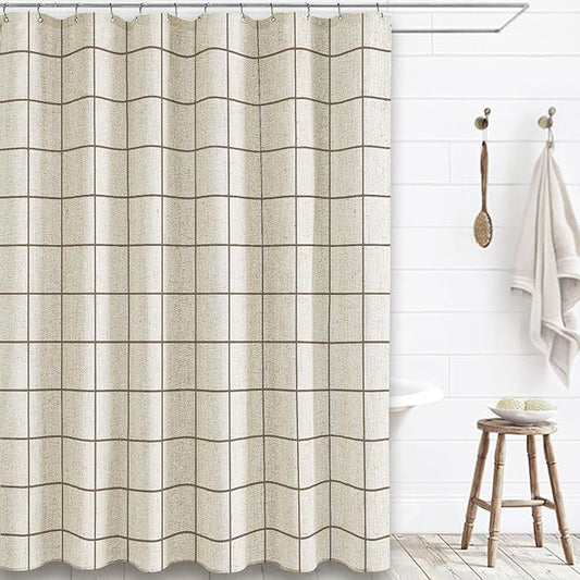Farmhouse Plaid Shower Curtain Beige Linen Shower Curtains for Bathroom Natural Beige Pattern 72 x 72 Inch