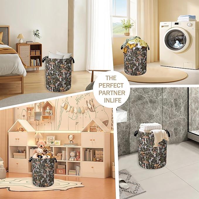 Collapsible Laundry Basket,Vintage Mushroom Dirty Clothes Hamper,Forest Wildflower Hampers for Bedroom Waterproof Oxford Cloth Storage Organizer for Bathroom,Nursery,Dorm,16x20 Inch