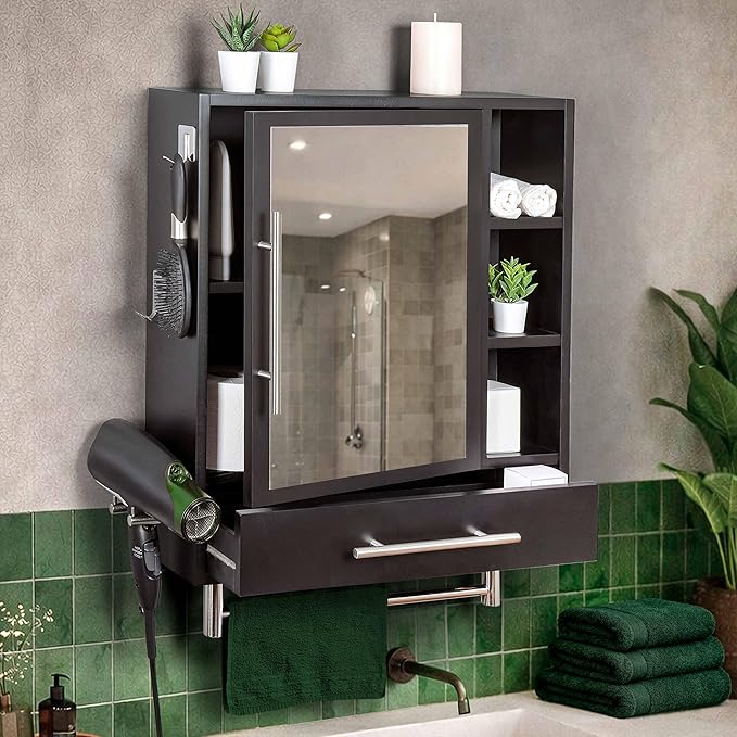 Wall-Mounted Bathroom Cabinet with Mirror - Modern Black Medicine Cabinet with Storage Shelves, Towel Bar & Hooks, Pre-Assembled Design