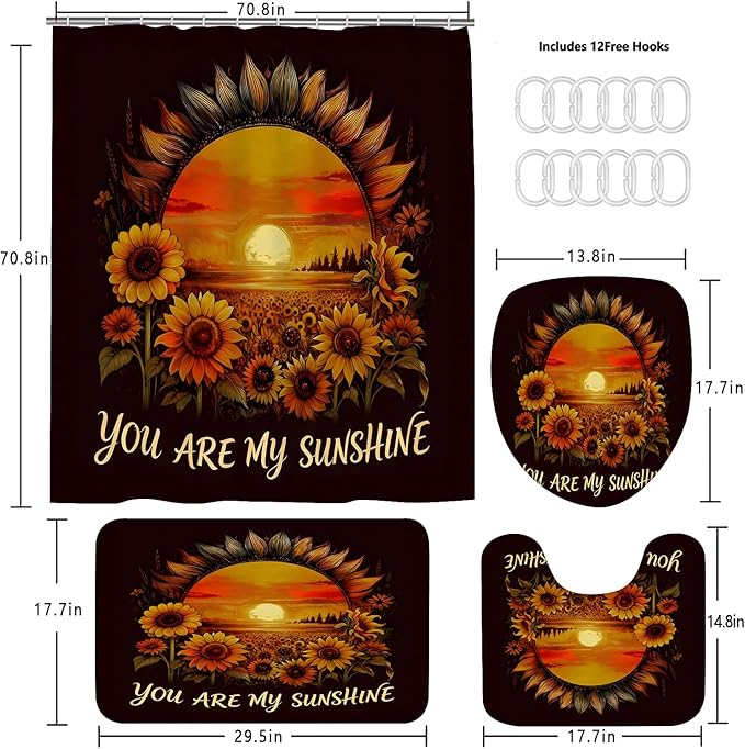 AZHM Sunflower Shower Curtain Set 4 PCS Bathroom Bathroom Accessory Sets Inspirational Quotes Floral Vintage Bath Decor with Rugs and 12 Hooks