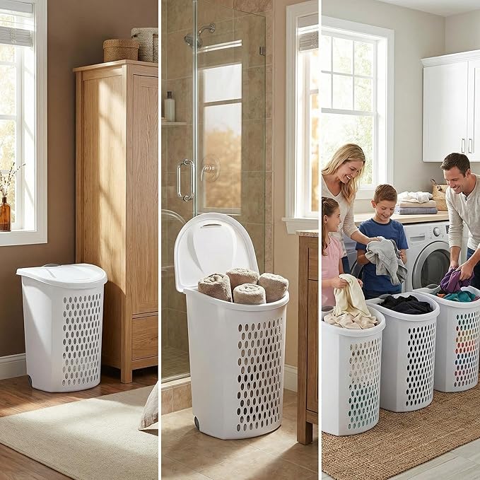 (3PACK) 135L Large-Capacity White Wheeled Laundry Basket, With Ventilation Design, Featuring Handle and Lid. Suitable for Households, Dormitories and Apartments.