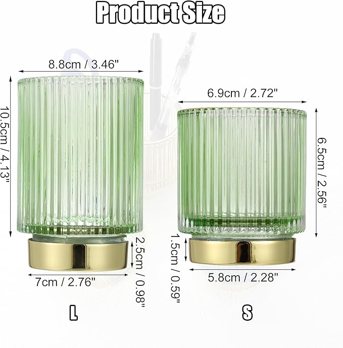VOCOSTE Makeup Brush Holder Organizer, Glass Makeup Brushes Holder, Cosmetic Brushes Storage Holder, Dresser Striped Vase Make Up Brush Cup Eyeliners for Desktop, Green, S Size