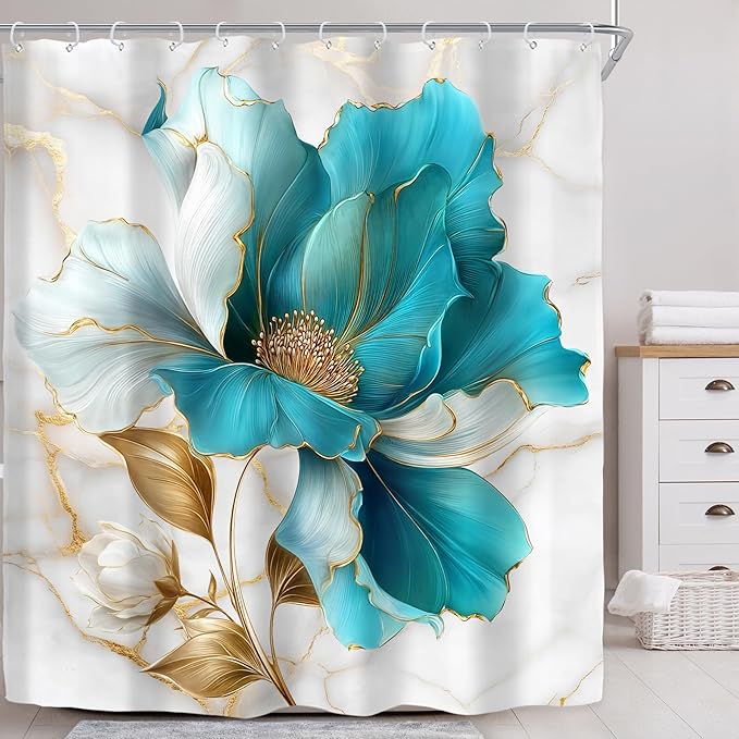 Riyidecor Teal Gold Marble Floral Shower Curtain for Bathroom Decor 72Wx78H Abstract Turquoise Golden Ombre Flower Luxury Modern Simple Art Printed Fabric Polyester Waterproof 12 Pack Plastic Hooks