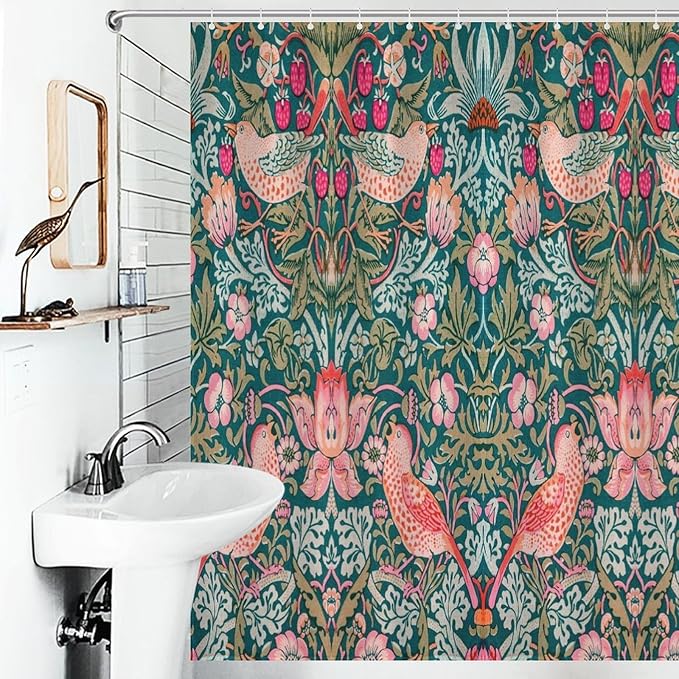 William Morris Shower Curtain,Original Design Vintage Flower Birds Strawberry Thief Pattern Print Shower Curtains Sets Polyester Waterproof Fabric Decor Bathroom Curtain 66"×72" Inch With 12 Hooks