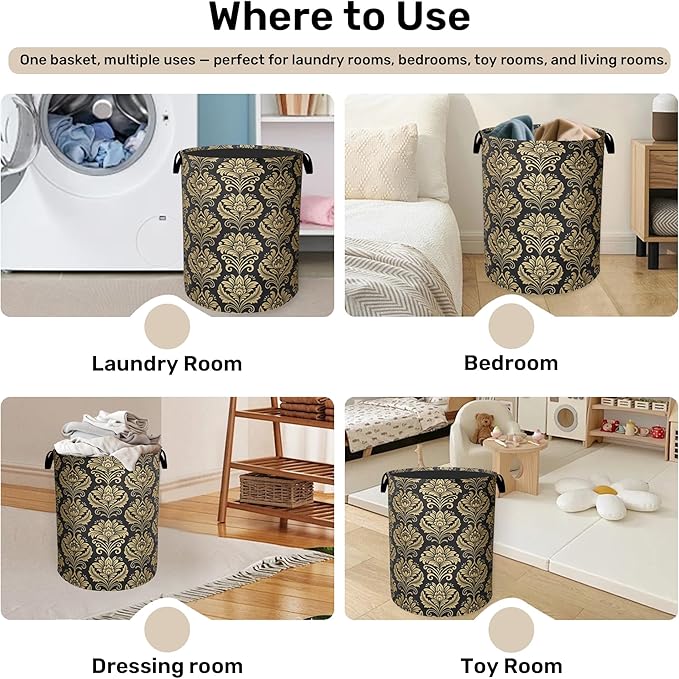 Gold Black Damask Flowers Laundry Basket - Extra Large Foldable Washable Laundry Hamper with Handles, Storage Bin for Bathroom/Laundry/Bedroom/Dorm
