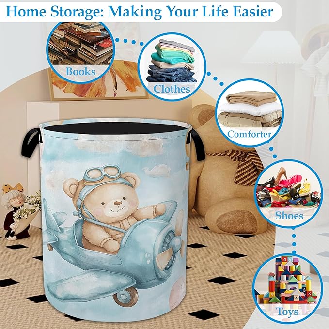Blue Bear Pilot Laundry Hamper Balloon Collapsible Laundry Basket Portable Clothes Toy Storage Bin for Bathroom Bedroom Room Decor 16 X 20.8 Inch