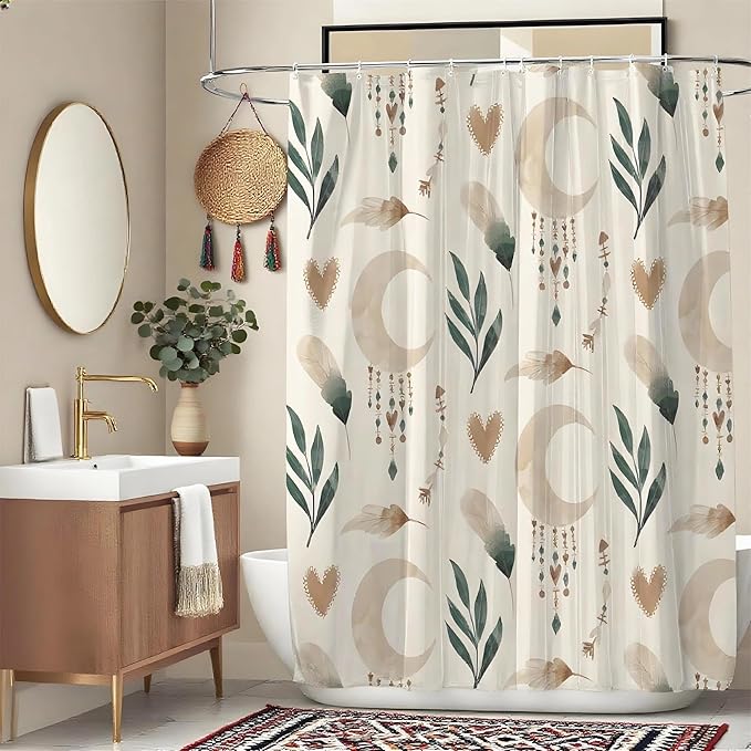 Bohemian Shower Curtains 72x72 Inch,Aesthetic Modern Boho Bathroom Curtain with Leaves and Moon, Neutral Waterproof Polyester Fabric Bath Curtain for Home Bathroom Decor