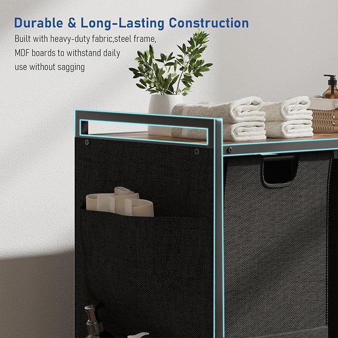 Huhote Laundry Hamper, Laundry Basket, Laundry Sorter with Top Shelf & 3 Removable Washable Bags & Side Pockets for Laundry Room organization, Bathroom and Dorm, Rustic Brown and Black