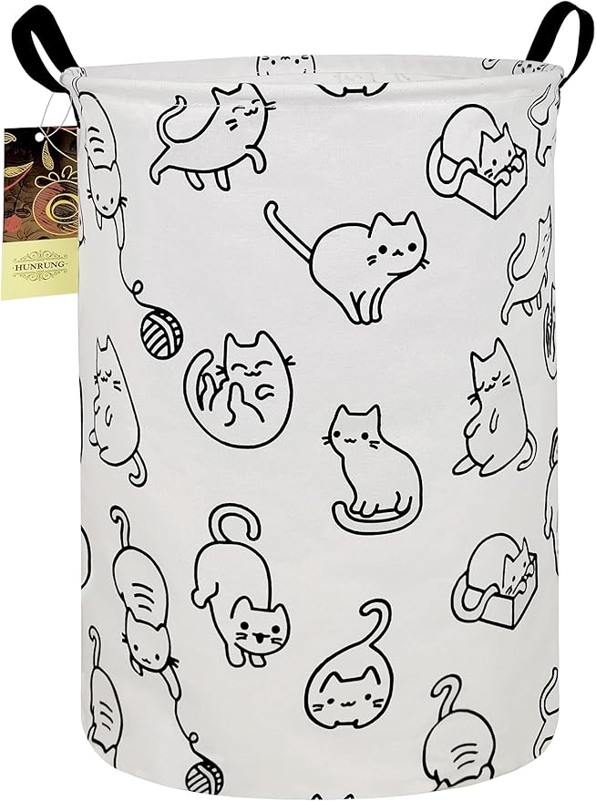 HUNRUNG Laundry Hamper,Large Canvas Fabric Lightweight Storage Basket Toy Organizer Dirty Clothes Collapsible Waterproof for College Dorms, Children Bedroom,Bathroom???Round cat???