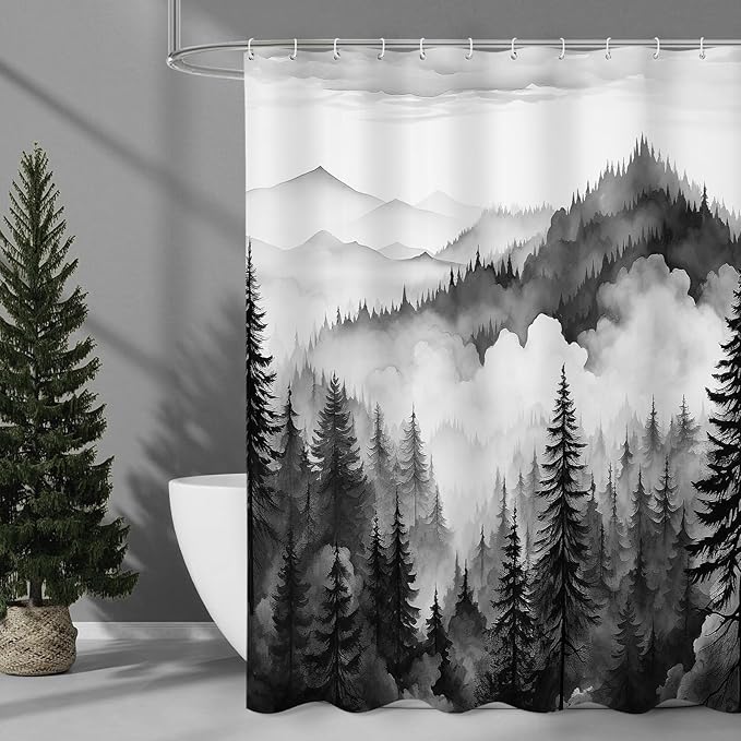 Black and Grey Misty Pine Forest Shower Curtain, Mountain Foggy Woodland Scenery Tree Shower Curtains for Chic Rustic Bathroom, Abstract Modern Waterproof Nature-Themed Decor, 72x72 Inches