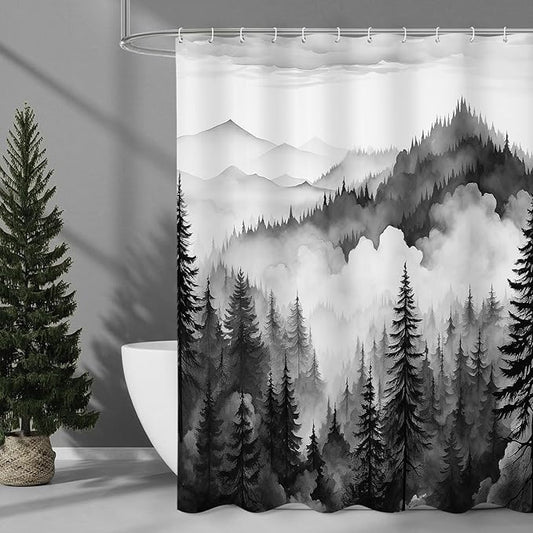 Black Extra Long Misty Pine Forest Shower Curtain 72 x 84, XL Mountain Foggy Woodland Scenery Tree Shower Curtains for Bathroom, Abstract Waterproof Nature-Themed Decor