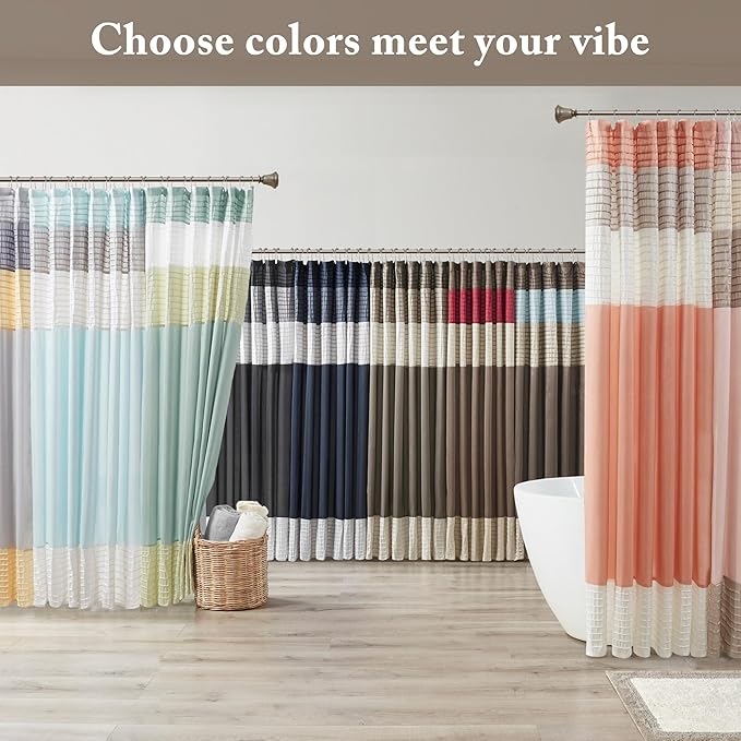 Madison Park Amherst Bathroom Shower Curtain Faux Silk Pieced Striped Modern Microfiber Bath Curtains, 72x84 Inches, Natural