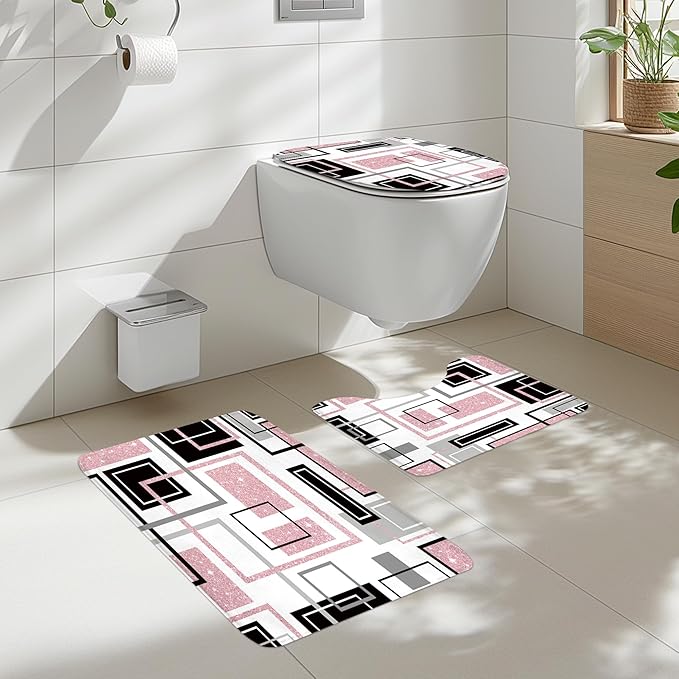 Cinbloo 4Pcs Abstract Black Pink Geometric Shower Curtain Set, Girls Girly Simple Minimalist Modern Women Gray Grey Bathroom Curtain with Rug Toilet Lid Cover Bath Mat with 12 Plastic Hooks