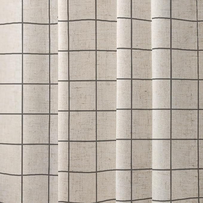 Farmhouse Plaid Shower Curtain Beige Linen Shower Curtains for Bathroom Natural Gray Pattern 72 x 72 Inch