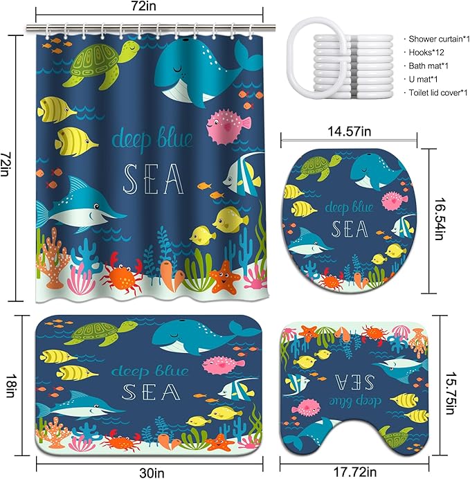 Lnond 4 Pcs Kids Bathroom Shower Curtain Set, Blue Sea Whales Bathroom Sets for Kids Bathroom Decoration with Shower Curtain, Non Slip Bathroom Rugs, Toilet Lid Cover, U Toilet Mat and 12 Hooks