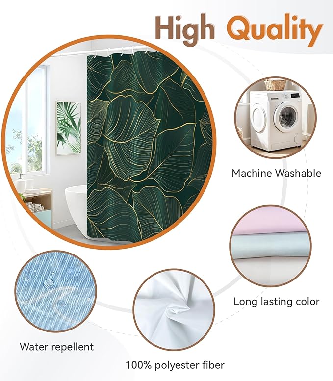 MAMUSE Shower Curtain for Bathroom - Cute Aesthetic Decorative Modern Girly Unique Girls Design Pretty Women Waterproof Fabric Cloth Cortinas de Baño Bathtub 72 x 72 Inch, Gold Plant