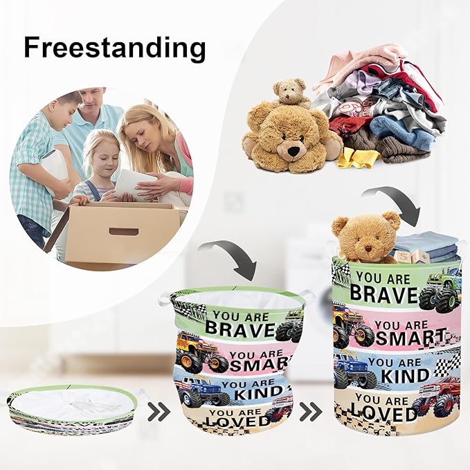 Cars Laundry Hamper Cartoon Vehicle Large Storage Basket Collapsible Parents Organizer Boy Toy Clothes Bins for Bedroom, Bathroom, Monster Truck, 63L