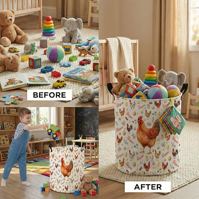 Personalized Chicken Laundry Baskets,Custom Chicken Gifts for Kids Boys Girls Adults Room,Collapsible Clothes Storage Organizer,16.5 X 13.8in