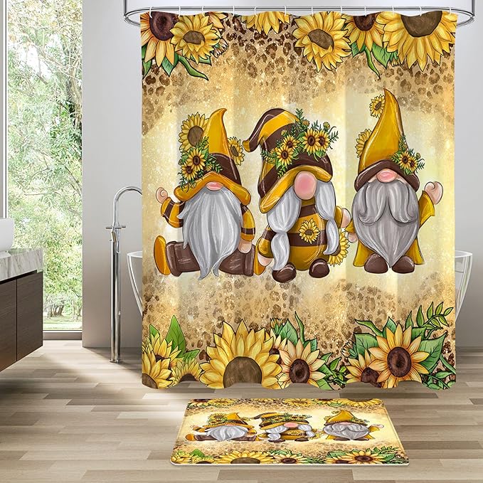 Litabel 4 Pcs Sunflower Gnomes Shower Curtain Set with Non-Slip Rugs, Toilet Lid Cover and Bath Mat, Farmhouse Country Bathroom Decor Set with Shower Curtain and Rugs(Hooks Not Included)