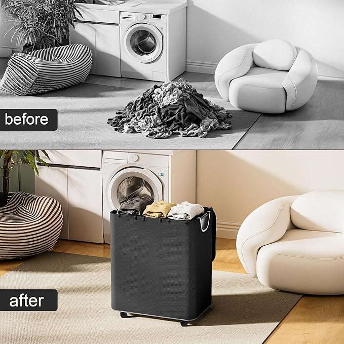 LAMU 145L Laundry Hamper with Wheels, Rolling Laundry Basket with Lid and 3 Removable Laundry Bag, Sturdy Large Capacity 3 Section Dirty Clothes Hamper for Laundry Room, Bedroom, Bathroom, Dorm, Black