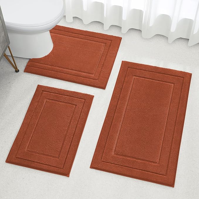 HOMEIDEAS Bathroom Rugs Sets 3 Piece, Super Soft and Absorbent Non Slip Microfiber Toilet Bath Mat with U-Shaped (Burnt Orange)