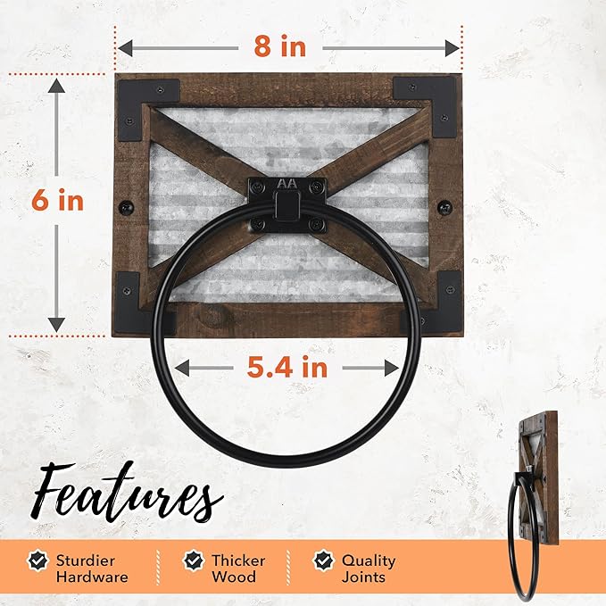 Autumn Alley Farmhouse Hand Towel Ring for Bathroom with Bracket - Bath Towel Rings Holder - Towel Rings for Bathroom Wall Mounted Decor Mix of Wood, Galvanized Metal & Black Rings