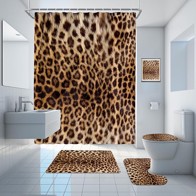 Onalasyc 4 Pcs Leopard Shower Curtain,Cheetah Print Bathroom Set Shower Curtain Sets with Rugs,Brown Animal Print Shower Curtain Bathroom Decor Sets,juego de ba??os de Set completo with 12 Pcs Hook